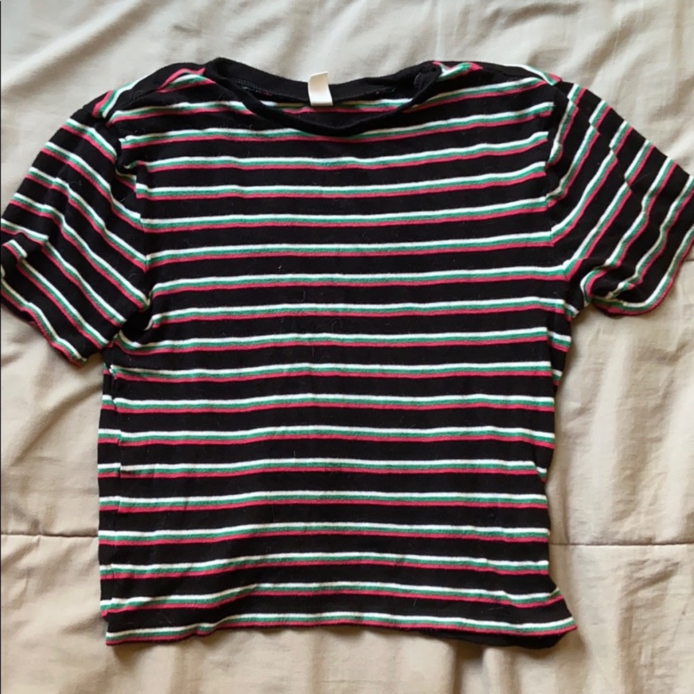Red, Green, and White striped t shirt